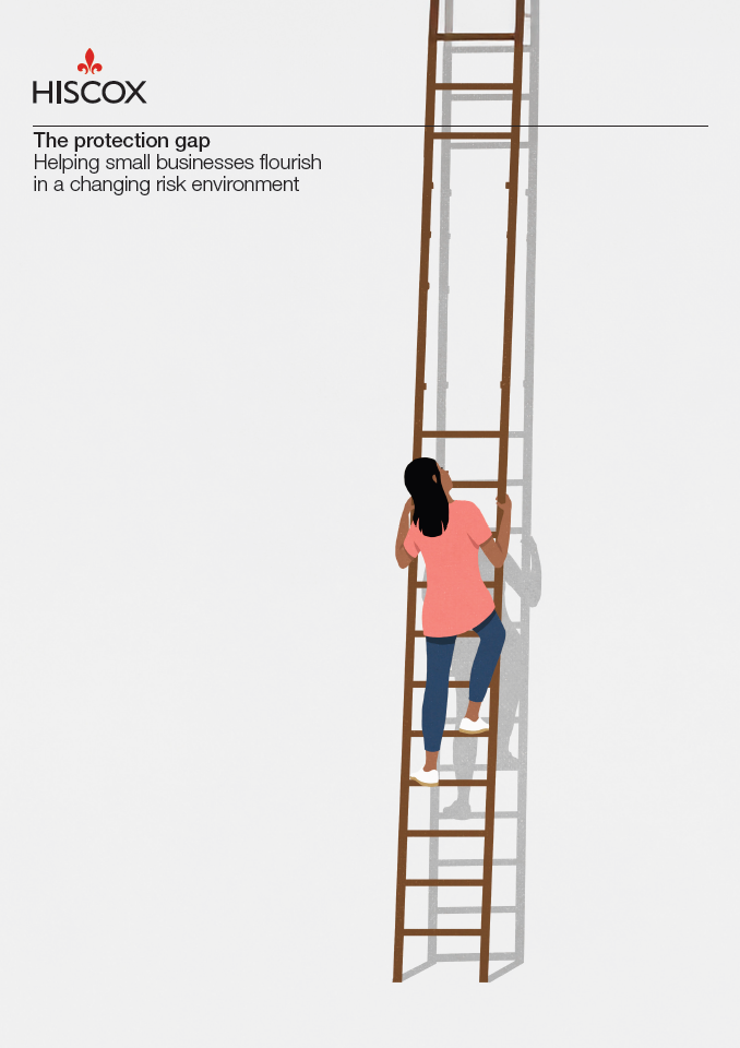 Das Bild zeigt die erste Seite vom Hiscox Global Protection Gap Report, der sich um Absicherungslücken von Selbstständigen und kleinen Unternehmen dreht.