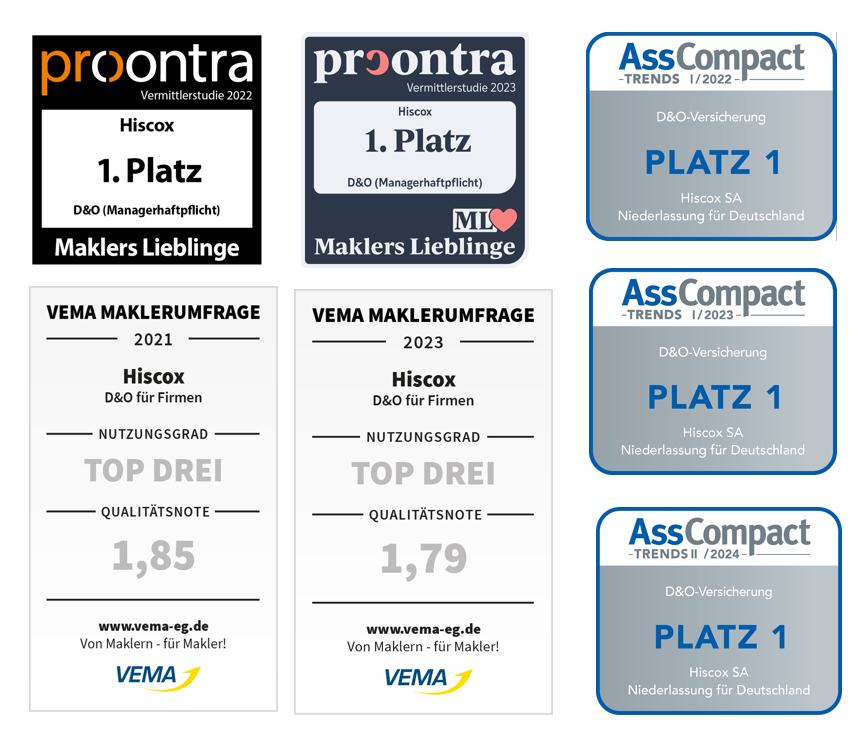 Siegel für die Auszeichnungen der D&O Versicherungen für Hiscox aus 2021-2024