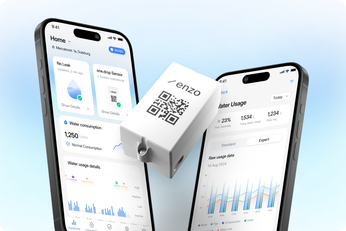 Bild des Sensors zur Erkennung von Wasserleakagen. Im Hintergrund sind zwei Smartphones zu sehen, die die zum Sensor gehörige App zeigen