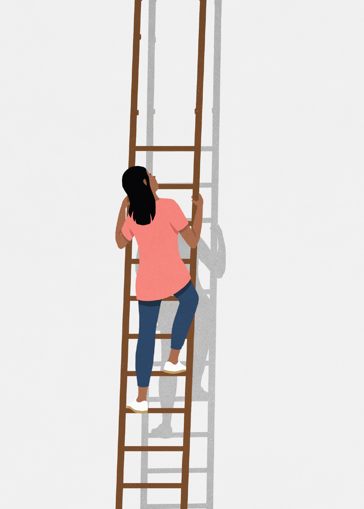 Das Aufmacherbild des Hiscox Global Protection Gap Reports von 2025 zeigt eine Frau, die auf einer Leiter nicht weiter heraufsteigen kann, weil Sprossen fehlen - die sinnbildlich für die Absicherungslücken stehen.