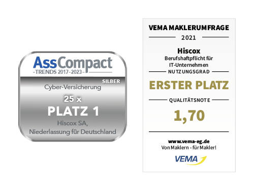 asscompact siegel 25x erster platz cyberversicherung vema qualitaetssiegel bhv it unternehmen erster platz 2024 hiscox