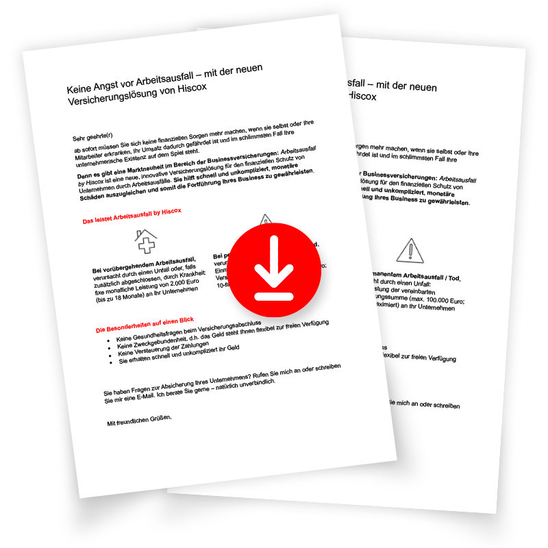 Vorschau auf ein Kundenanschreiben zur neuen Hiscox Arbeitsausfallversicherung inklusive Downloadsymbol