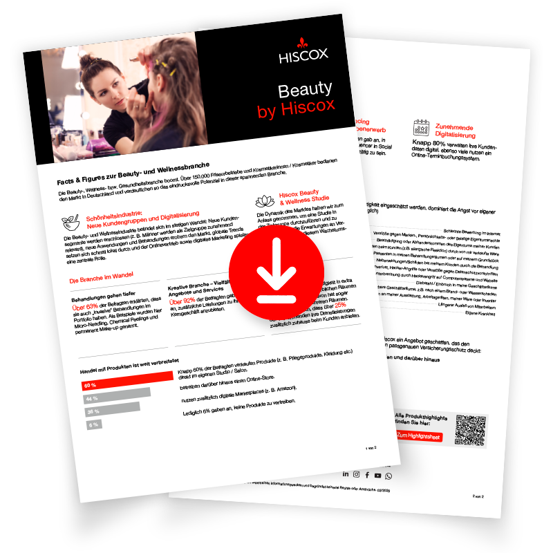 Zwei übereinanderliegende Seiten eines Dokuments mit dem Titel "Beauty by Hiscox". Die obere Seite zeigt ein Bild von zwei Personen und enthält Text zu Fakten und Zahlen zur Beauty- und Wellnessbranche. Ein rotes Download-Symbol ist in der Mitte des Bildes platziert