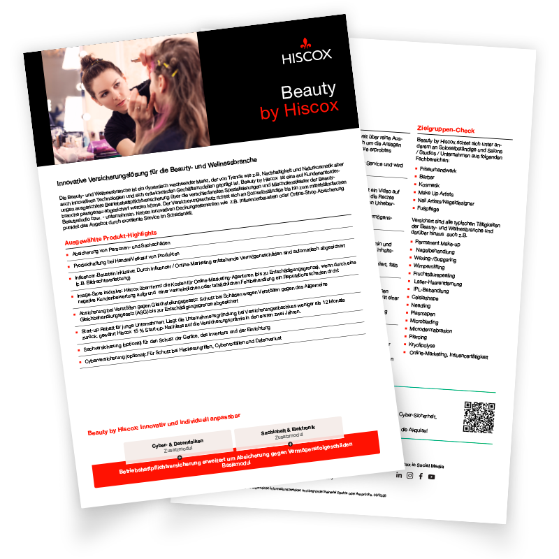 Darstellung der Vorderseite und Rückseite vom Highlightsheet von Beauty by Hiscox liegen übereinander.