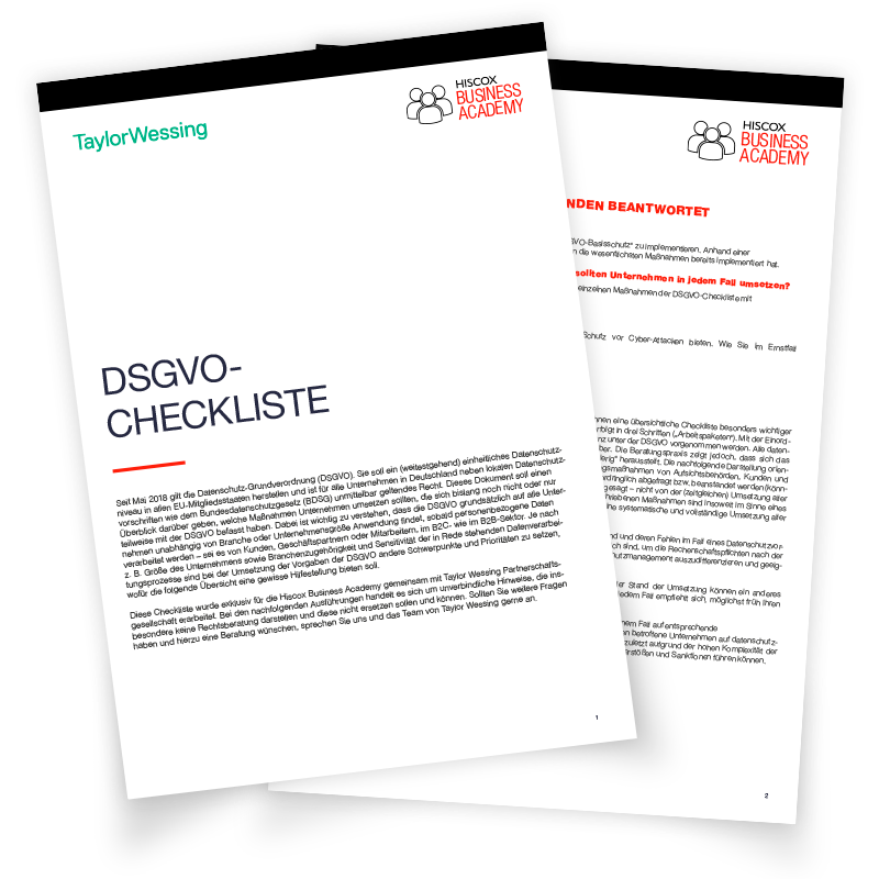 Zwei überlappende Dokumente, oben eine „DSGVO-Checkliste“ mit Logos von TaylorWessing und Hiscox Business Academy, darunter ein weiteres Dokument mit dem Hiscox-Logo und deutschem Text.