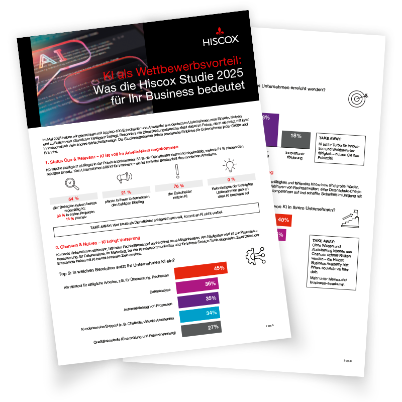 Vorschau auf das Factsheet mit den wichtigsten Erkenntnissen aus der Hiscox KI Studie