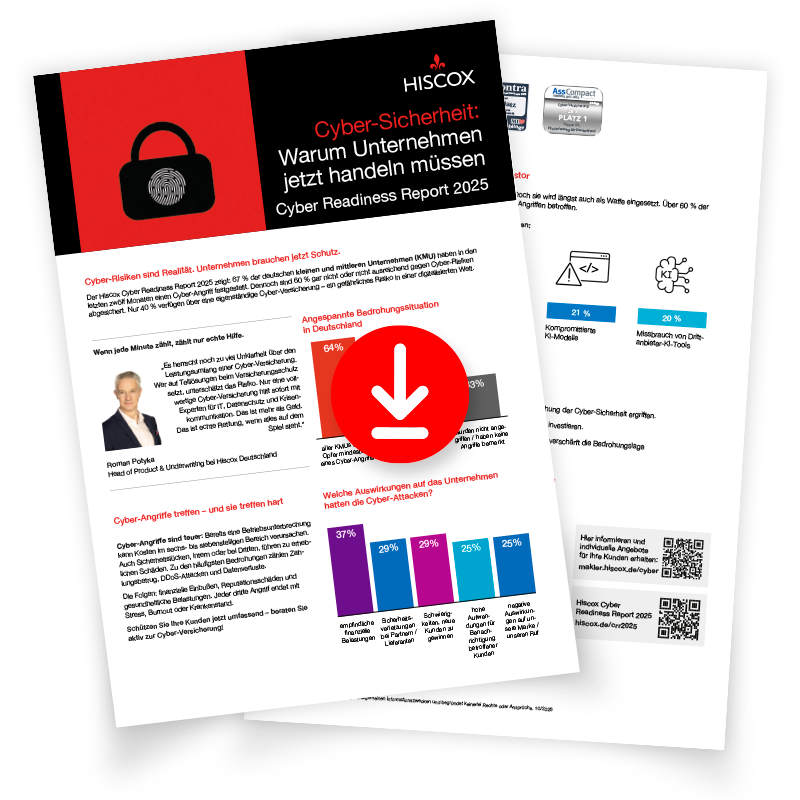 Vorschau auf das Factsheet zu den Ergebnissen des Hiscox Cyber Readiness Report 2025 mit Download-Symbol