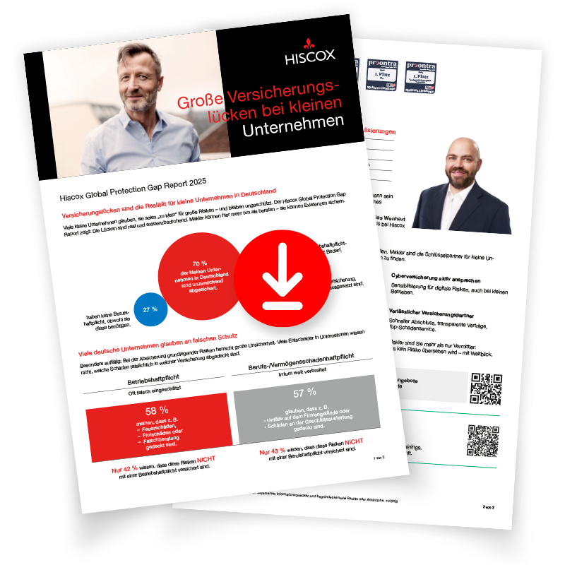 Vorschau auf das Factsheet zu den Ergebnissen des Hiscox Protection Gap Report 2025 zum Thema Unterversicherung mit Download-Symbol