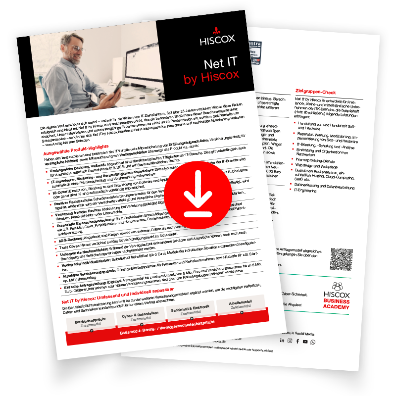 Vorschaubild des Highlightsheets zur Hiscox IT-Haftpflichtversicherung mit Downloadsymbol