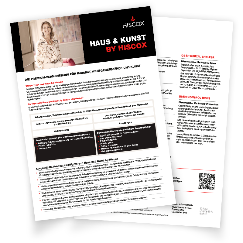 Vorschau auf das 2-seitige Highlightsheet der Versicherung Haus & Kunst by Hiscox