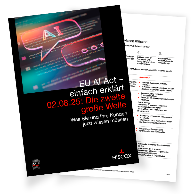 Vorschau auf zweiseitiges Dokument. Die erste Seite zeigt eine Grafik mit einer Sprechblase. In der Sprechblase steht AI. Drunter steht folgedner Text: EU AI Act einfach erklärt. 02.08.25 Die zweite große Welle. Was Sie und Ihre Kunden jetzt wissen müssen.