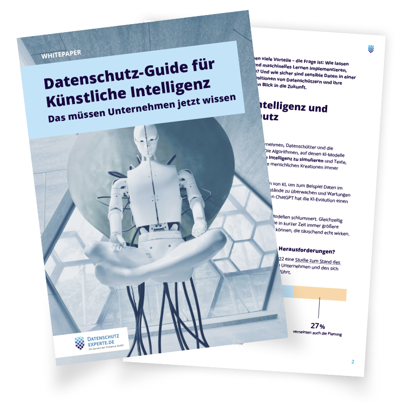 Whitepaper mit meditierendem Roboter zum Thema Datenschutz bei KI.