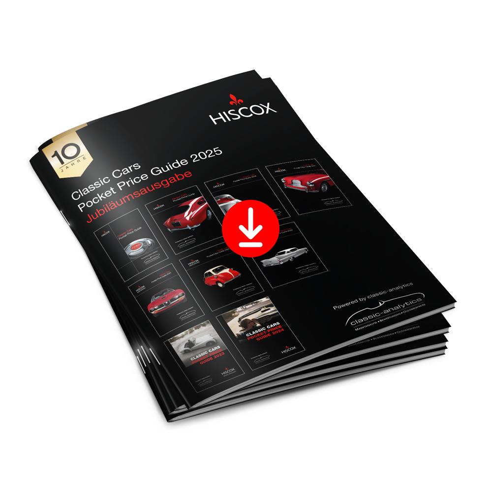 Vorschau des Covers von dem Pocket Price Guide für die Wertentwicklung von Oldtimerpreise in 2025 von Hiscox und classic-analytics.