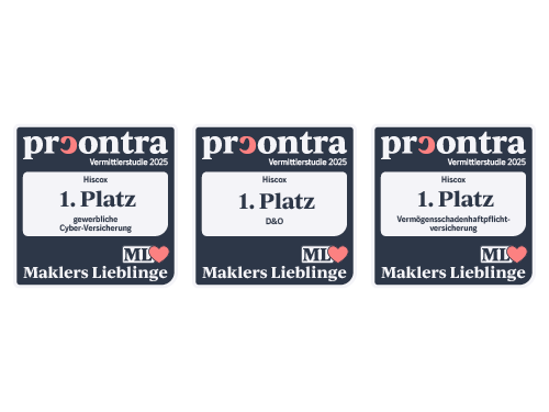 Drei Auszeichnungssiegel nebeneinander mit der Aufschrift: "procontra Vermittlerstudie 2025 – Hiscox – 1. Platz – gewerbliche Cyber-Versicherung - D&O - Vermögensschadenhaftpflichtversicherung – Maklers Lieblinge"
