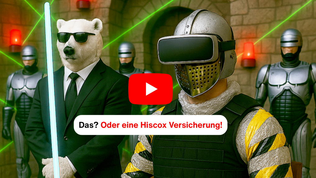 Auf dem Video thumbnail hält ein Mann ein Laserschwert in der Hand. Er trägt einen Stahlhelm und eine KI-Brille. Man sieht nur den Überkörper und den Kopf des Mannes. Im Hintergrund steht auf der linken Seite ein Bodyguard in Gestalt eines Eisbärs mit Sonnenbrille und auf der rechten Seite noch weiter hinten ein Mann im Roboter-Kostüm. An der Wand befinden sich grüne Laserstrahlen sowie rote Alarmlampen