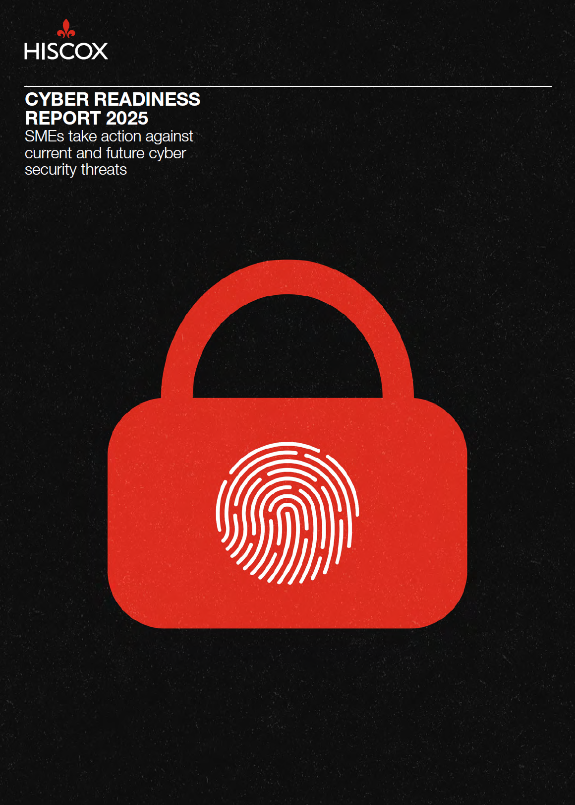 Auf dem Cover des Hiscox Cyber Readiness Reports 2025 ist ein rotes Vorhängeschloss zu sehen mit einem Fingerabdruck darauf - das das Thema Cyber-Sicherheit symbolisiert.