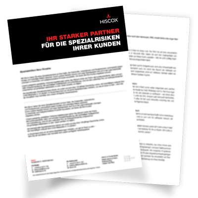 Zwei überlappende Seiten eines Dokuments. Die obere Seite trägt den Text: "IHR STARKER PARTNER FÜR DIE SPEZIALRISIKEN IHRER KUNDEN HISCOX". Darunter befindet sich weiterer Text, der jedoch zu klein ist, um ihn klar zu lesen