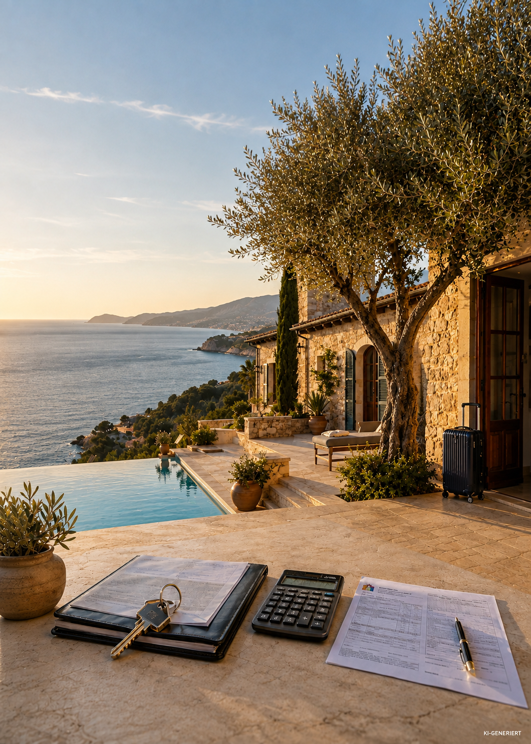 Im Vordergrund liegen ein Taschenrechner, ein Schlüsselbund, ein Klemmbrett mit Dokumenten und ein Formular auf einem Steintisch. Dahinter erstreckt sich eine Terrasse mit einem Infinity-Pool, der direkt an eine Natursteinvilla grenzt.