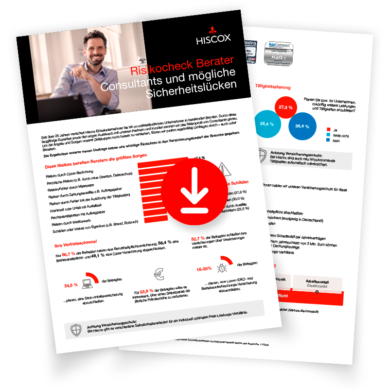 Zwei übereinanderliegende Dokumente, das obere zeigt einen Mann im Anzug mit einem Laptop. Der Titel des Dokuments lautet "Risiko Check Berater - Consultants und mögliche Sicherheitslücken". Ein großer roter Download-Button ist in der Mitte des Dokuments zu sehen