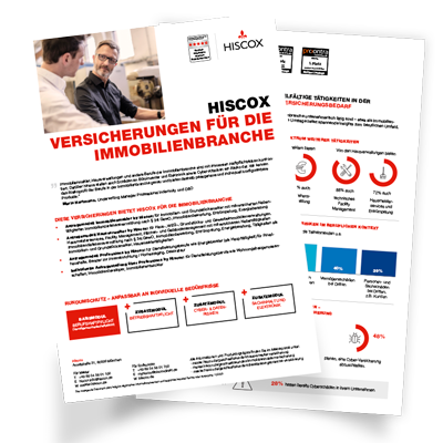 Zwei übereinanderliegende Werbeflyer der Firma Hiscox. Der obere Flyer zeigt ein Bild von zwei Personen in einem Büro mit der Aufschrift 'HISCOX VERSICHERUNGEN FÜR DIE IMMOBILIENBRANCHE'. Der untere Flyer enthält Diagramme und Statistiken zur Versicherungsbranche.