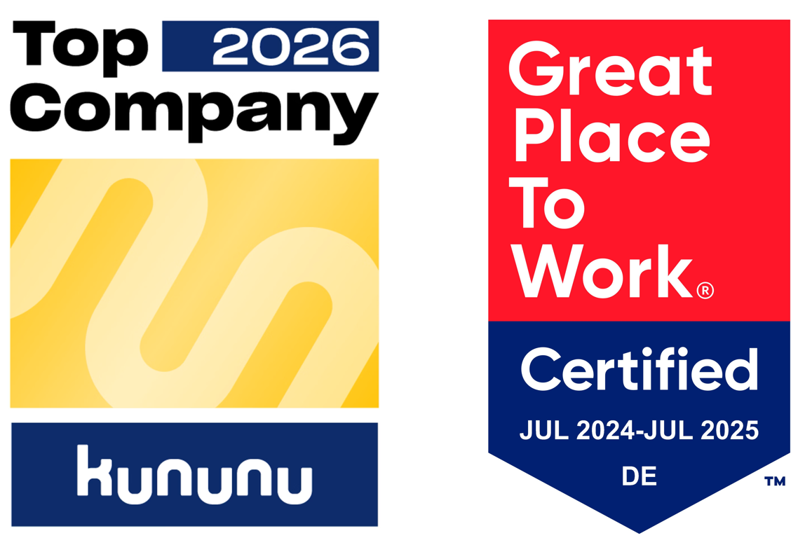 Die dargestellten Arbeitgeber-Siegel, mit denen Hiscox ausgezeichnet wurde, sind die Zertifizierung als Great Place To Work sowie die Auszeichnung als Top Company von Kununu.