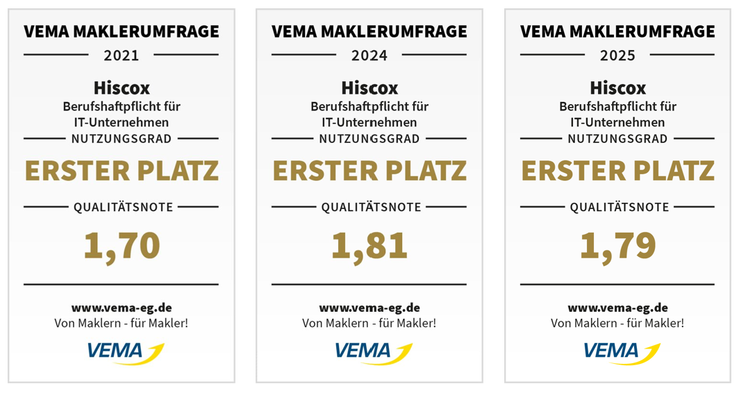 Drei Siegel des Makler-Fachverbands Vema aus den Jahren 2021, 2025 und 2025 zeigen, dass die IT-Haftpflicht von Hiscox als beste Lösung ausgezeichnet wurde.