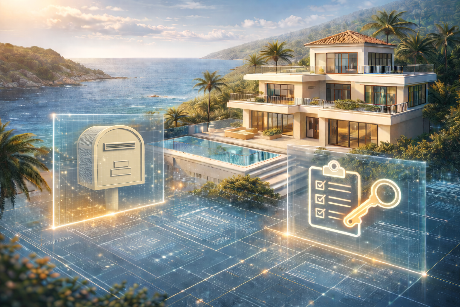 Luxuriöse Villa am Meer mit Palmen und einem Infinity-Pool unter strahlend blauem Himmel. Digitale Symbole einer Mailbox und einer Schlüssel-Checkliste überlagern die Szene und symbolisieren Kommunikation und Sicherheit in einer ruhigen, modernen Umgebung.