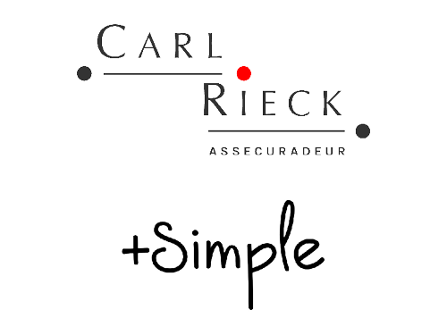 Logo für "Carl Rieck ASSECURADEUR" mit einem roten Punkt über dem "I" in "Rieck". Darunter steht "+Simple" in handgeschriebener Schrift.