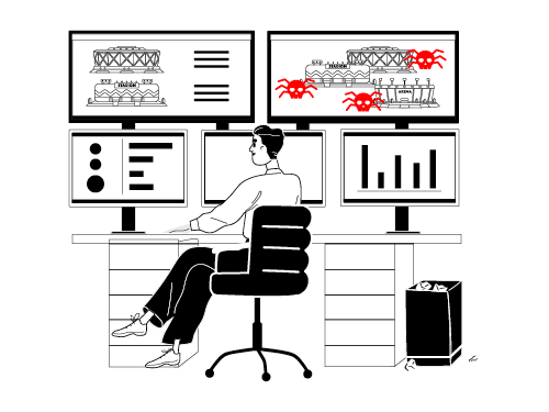 Eine Illustration zeigt eine Person vor mehreren Computerbildschirmen. Auf einem Bildschirm sieht man rote Symbole, die einen Hackerangriff symbolisieren