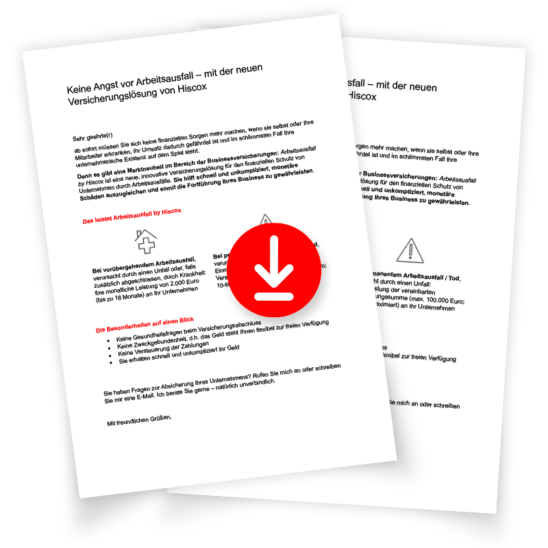 Vorschau auf ein Kundenanschreiben zur neuen Hiscox Arbeitsausfallversicherung inklusive Downloadsymbol