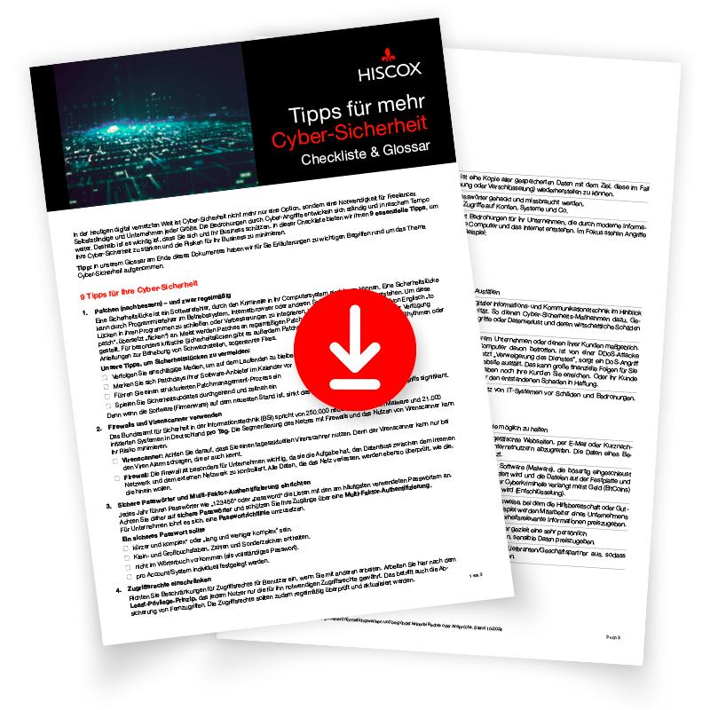 Zwei überlappende Seiten eines Dokuments mit dem Titel "Tipps für mehr Cyber-Sicherheit Checkliste & Glossar" von Hiscox.