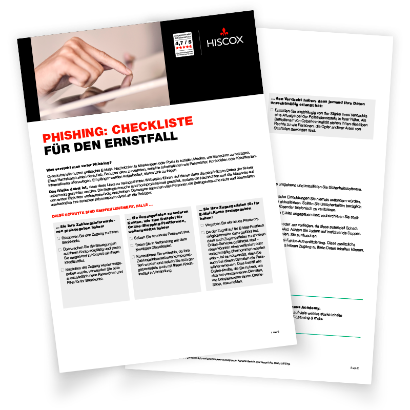  Zwei übereinanderliegende Blätter Papier. Das obere Blatt zeigt eine Checkliste mit dem Titel „PHISHING: CHECKLISTE FÜR DEN ERNSTFALL“ in roter und schwarzer Schrift sowie das Hiscox-Logo.