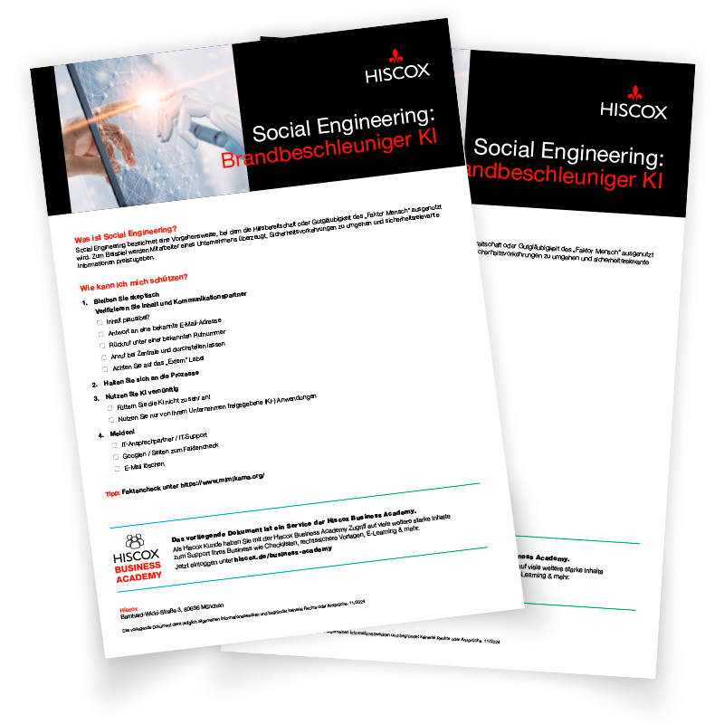 Zwei überlappende Dokumente der Hiscox Business Academy mit dem Titel „Social Engineering: Brandbeschleuniger KI“. Das sichtbare Dokument erklärt, was Social Engineering ist, gibt Schutzmaßnahmen und verweist auf Schulungsangebote von Hiscox.