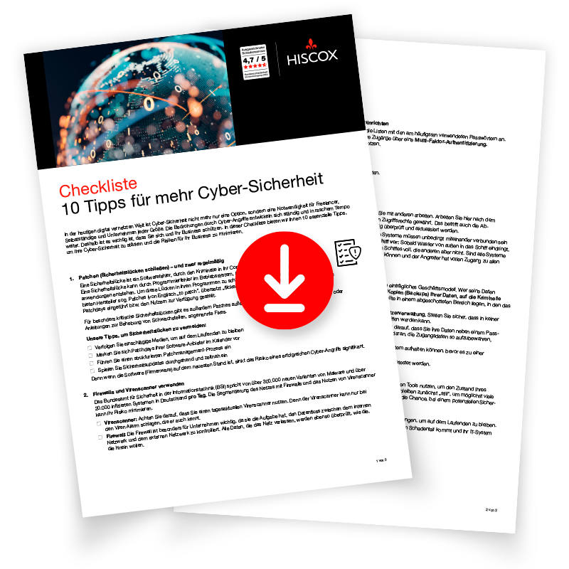 Mock-up einer Hiscox-Checkliste mit dem Titel „10 Tipps für mehr Cyber-Sicherheit“, mit Visual einer digitalen Weltkugel, Hinweisen zu Schutzmaßnahmen und einem Download-Symbol für die Checkliste.