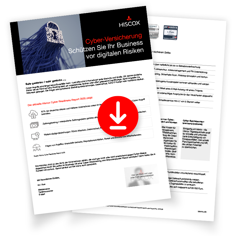 Mock-up eines Hiscox Kundenanschreibens zur Cyber-Versicherung mit Headline „Cyber-Versicherung – Schützen Sie Ihr Business vor digitalen Risiken“, Grafiken zu Cyberangriffen und einem Download-Symbol für weitere Informationen.