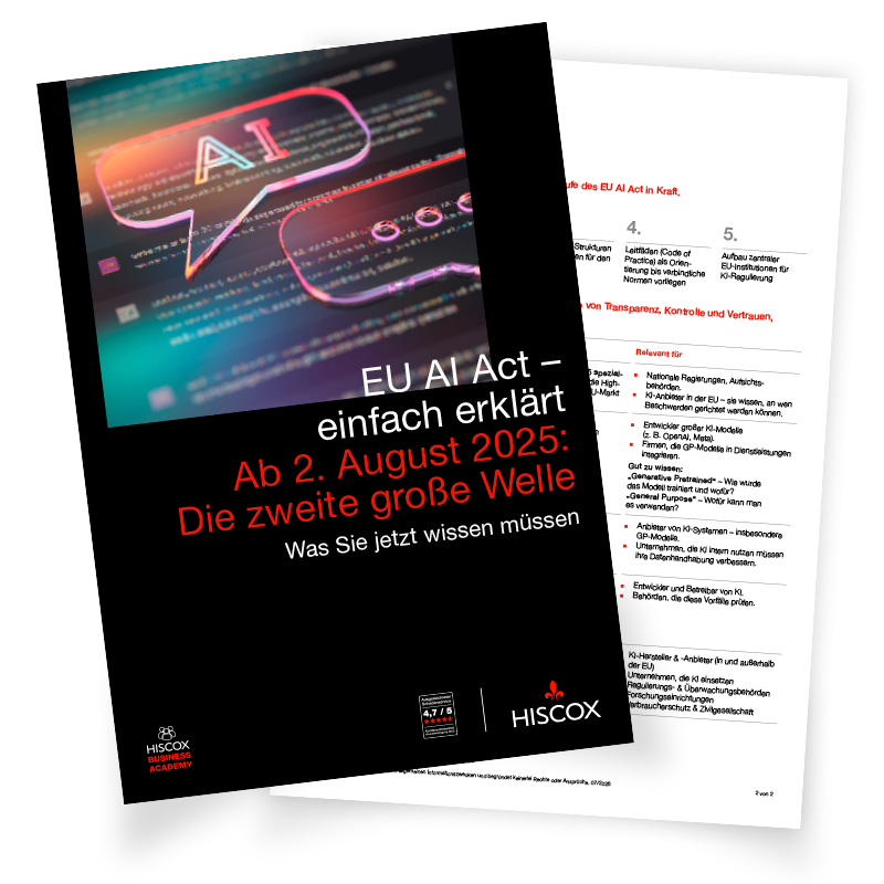 wei HISCOX-Dokumente zum EU AI Act mit Titel und Übersicht wichtiger Regelungen ab August 2025.