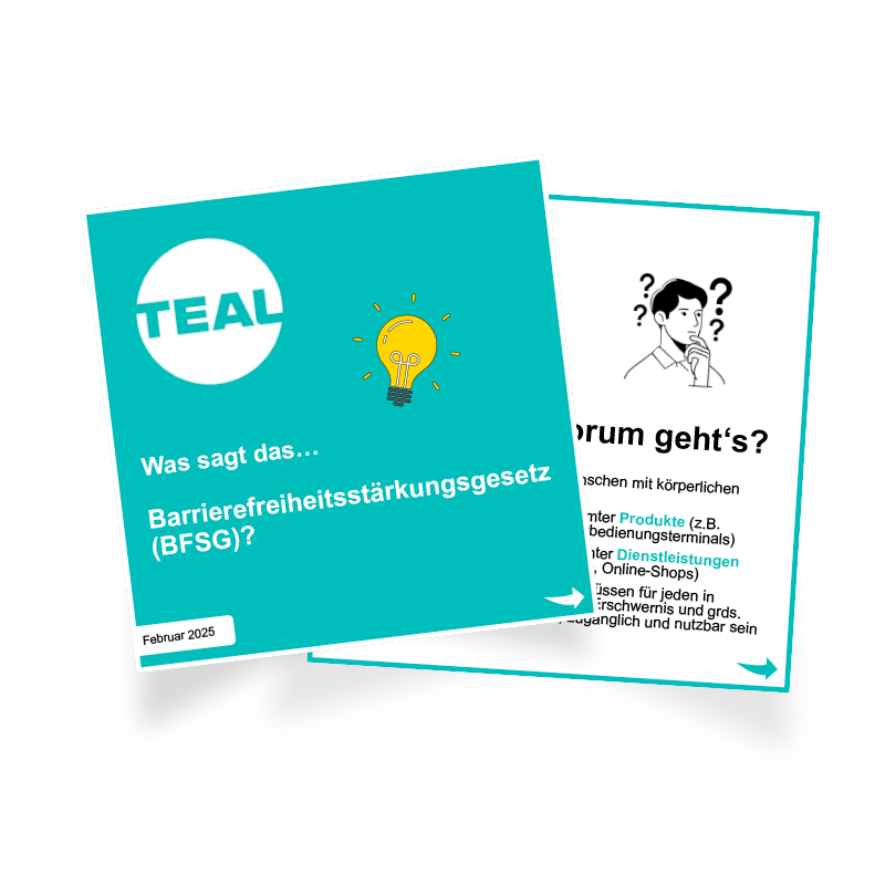 Zwei Karten zum BFSG: vorne eine Teal-Karte mit Glühbirne und Titel, hinten eine Info-Karte mit Illustration und Erklärung zur Barrierefreiheit bei Produkten und Dienstleistungen.