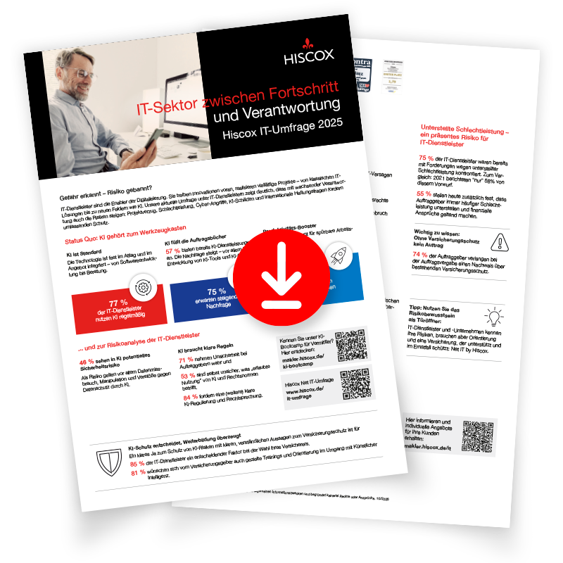 Vorschau auf das Factsheet zu den Ergebnissen der Hiscox IT-Studie 2025 mit Download-Symbol