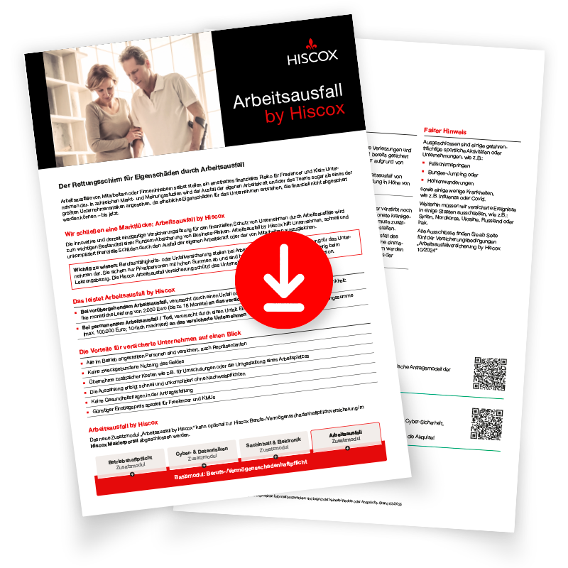 Zwei Dokumente von Hiscox mit dem Titel "Arbeitsausfall by Hiscox". Das vordere Dokument zeigt ein Bild eines Paares und enthält Text über Versicherungsschutz bei Arbeitsausfall. Ein rotes Symbol mit einem weißen Pfeil nach unten ist in der Mitte des Dokuments zu sehen