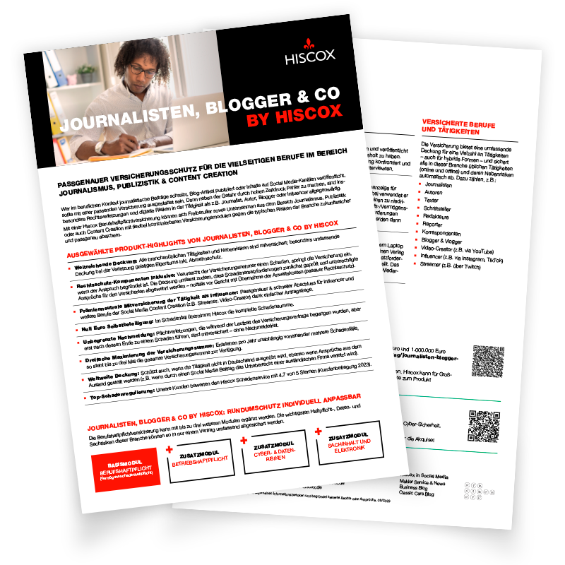 Vorschaubild des Highlightsheets zur Hiscox Berufshaftspflicht für Journalisten, Blogger & Co.