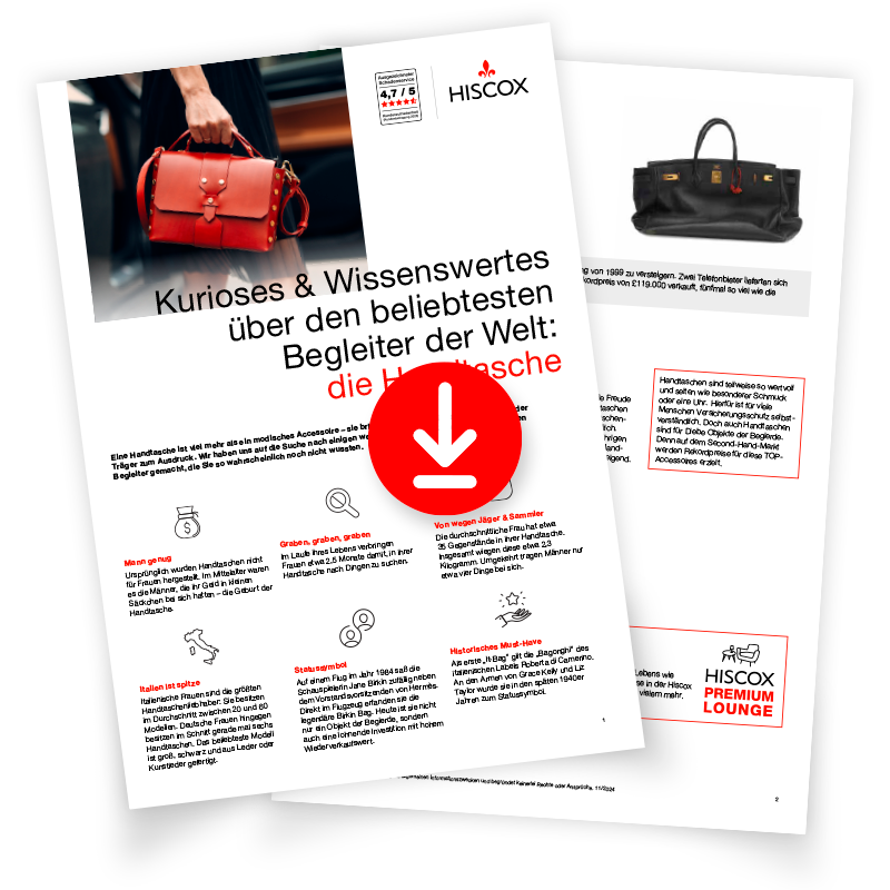 Zwei übereinanderliegende Dokumente mit dem Titel „Kurioses & Wissenswertes über den beliebtesten Begleiter der Welt: die Handtasche“ von Hiscox. Auf dem oberen Blatt ein Foto einer roten Handtasche, darunter Text und Symbole; in der Mitte ein rotes Download-Symbol.