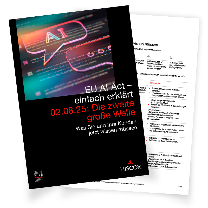 Vorschau auf zweiseitiges Dokument. Die erste Seite zeigt eine Grafik mit einer Sprechblase. In der Sprechblase steht AI. Drunter steht folgedner Text: EU AI Act einfach erklärt. 02.08.25 Die zweite große Welle. Was Sie und Ihre Kunden jetzt wissen müssen.