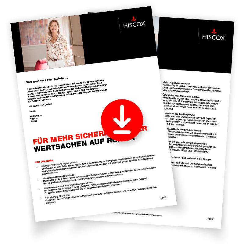 pdf Vorschau auf ein Kundenanschreiben zum Thema "Wertsachen auf Reisen"