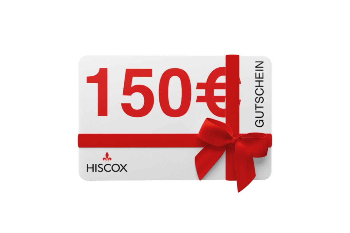 Eine Geschenkkarte im Wert von 150 Euro, dekoriert mit einem roten Band und einer Schleife auf der rechten Seite. Das Wort "GUTSCHEIN" steht vertikal am rechten Rand der Karte.