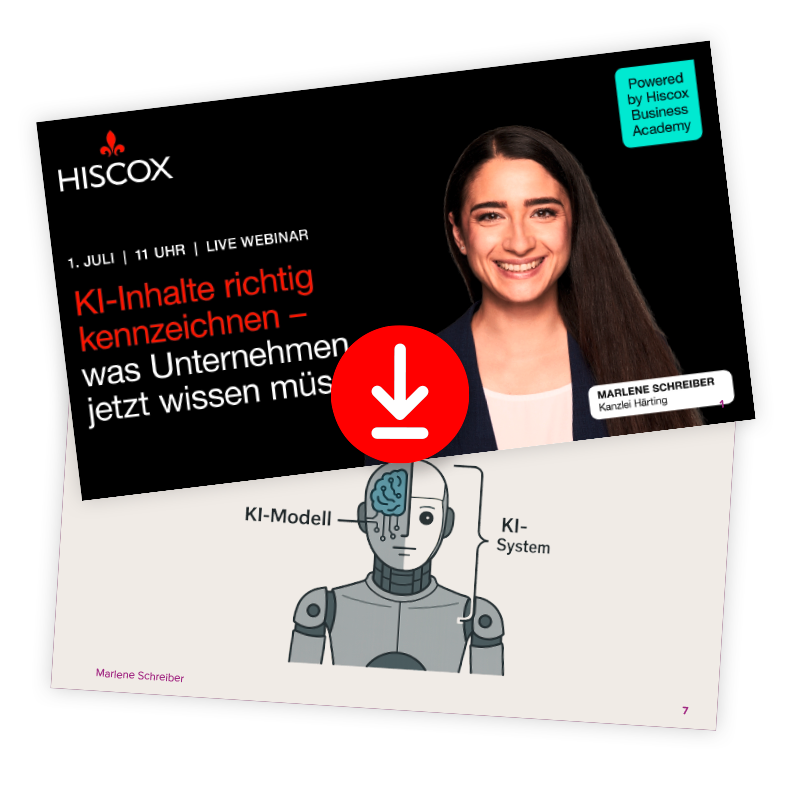 Download der Webinar-Präsentation „KI-Inhalte richtig kennzeichnen“ mit Informationen zu den Anforderungen an die Kennzeichnung von KI-Systemen und KI-Modellen im Unternehmenskontext.