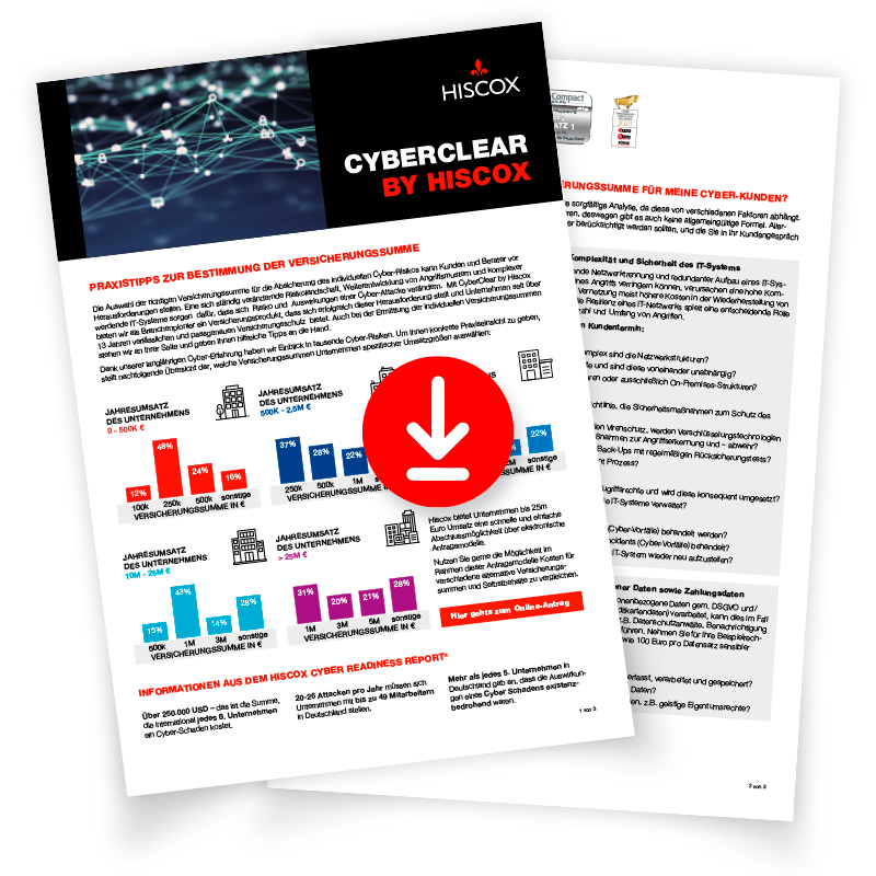 Zwei Seiten eines Dokuments mit dem Titel "CYBERCLEAR BY HISCOX". Die erste Seite enthält das Hiscox-Logo, Balkendiagramme und Text in Deutsch. 