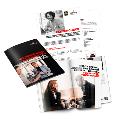Mehrere aufgeschlagene und geschlossene Broschüren und Dokumente der Firma Hiscox, die verschiedene Versicherungsinformationen und -angebote darstellen