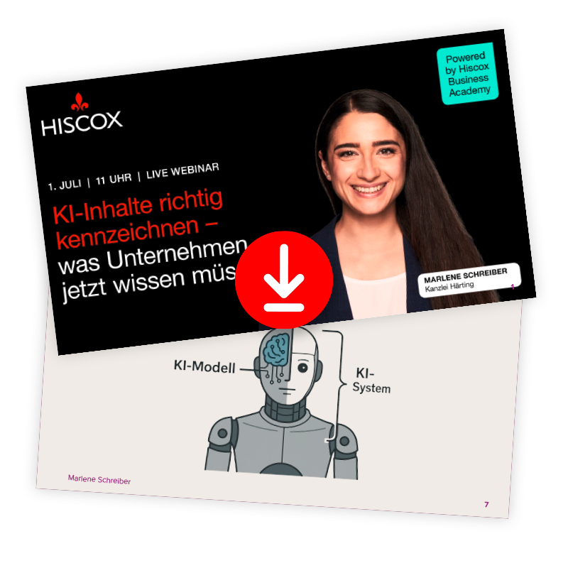 Download der Webinar-Präsentation „KI-Inhalte richtig kennzeichnen“ mit Informationen zu den Anforderungen an die Kennzeichnung von KI-Systemen und KI-Modellen im Unternehmenskontext.