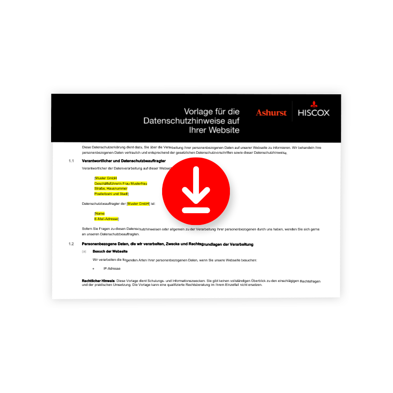 Vorlage für Datenschutzhinweise auf einer Website mit Logos von Ashurst und Hiscox, Titel und einleitendem Text zu Datenschutz und Verantwortlichen.
