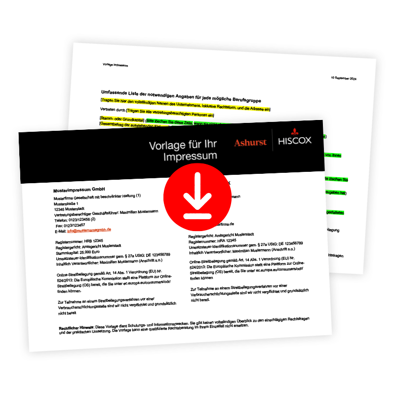 Vorlage für ein Impressum mit Firmen- und Kontaktdaten, Logos von Ashurst und Hiscox oben.